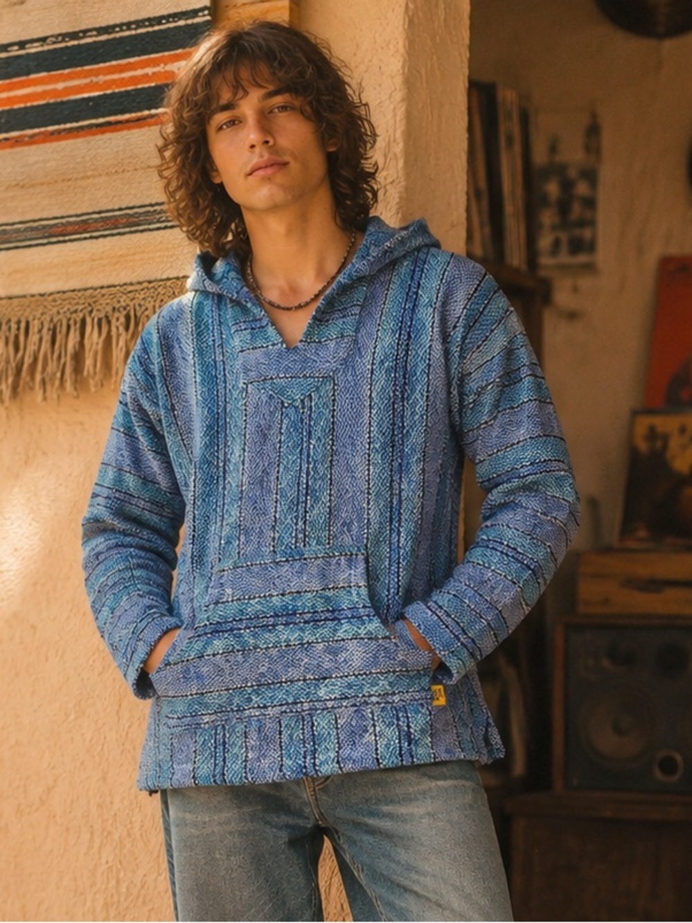 Iguana Jack Baja Hoodie Small Blue Striped Earthy Hippie Mexican Pullover